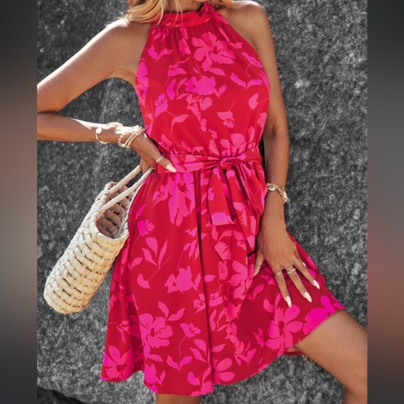 Boho Floral Print Halter Belted Dress Hot Pink - Picture 2 of 6